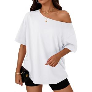 image:imageTrendy Queen Womens Off The Shoulder Tops Oversized TShirts Short Sleeve Tees Summer 2026 Casual Spring Fashion ClothesWhite