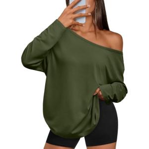 image:imageTrendy Queen Womens Off The Shoulder Tops Oversized Tshirts Long Sleeve 2026 Casual Basic TeesArmygreen
