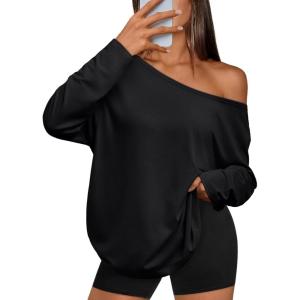 image:imageTrendy Queen Womens Off The Shoulder Tops Oversized Tshirts Long Sleeve 2026 Casual Basic TeesBlack
