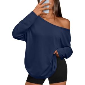 image:imageTrendy Queen Womens Off The Shoulder Tops Oversized Tshirts Long Sleeve 2026 Casual Basic TeesBlue