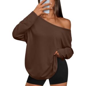 image:imageTrendy Queen Womens Off The Shoulder Tops Oversized Tshirts Long Sleeve 2026 Casual Basic TeesCoffee