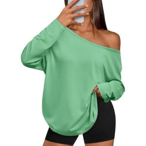 image:imageTrendy Queen Womens Off The Shoulder Tops Oversized Tshirts Long Sleeve 2026 Casual Basic TeesGreen