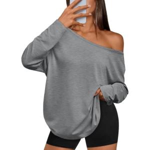 image:imageTrendy Queen Womens Off The Shoulder Tops Oversized Tshirts Long Sleeve 2026 Casual Basic TeesGrey