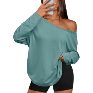 image:imageTrendy Queen Womens Off The Shoulder Tops Oversized Tshirts Long Sleeve 2026 Casual Basic TeesGrey Green