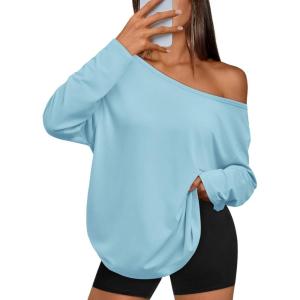 image:imageTrendy Queen Womens Off The Shoulder Tops Oversized Tshirts Long Sleeve 2026 Casual Basic TeesLight Blue