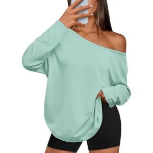 image:imageTrendy Queen Womens Off The Shoulder Tops Oversized Tshirts Long Sleeve 2026 Casual Basic TeesMint Green