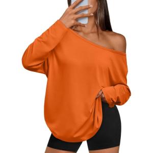 image:imageTrendy Queen Womens Off The Shoulder Tops Oversized Tshirts Long Sleeve 2026 Casual Basic TeesOrange