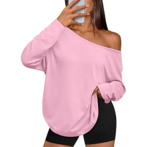 image:imageTrendy Queen Womens Off The Shoulder Tops Oversized Tshirts Long Sleeve 2026 Casual Basic TeesPink