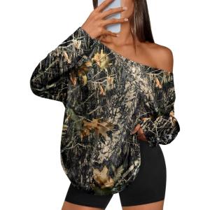 image:imageTrendy Queen Womens Off The Shoulder Tops Oversized Tshirts Long Sleeve 2026 Casual Basic TeesPrinted Green