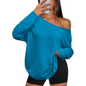 image:imageTrendy Queen Womens Off The Shoulder Tops Oversized Tshirts Long Sleeve 2026 Casual Basic TeesRoyal Blue