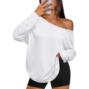 image:imageTrendy Queen Womens Off The Shoulder Tops Oversized Tshirts Long Sleeve 2026 Casual Basic TeesWhite