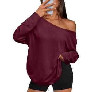 image:imageTrendy Queen Womens Off The Shoulder Tops Oversized Tshirts Long Sleeve 2026 Casual Basic TeesWinered