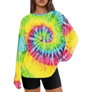 image:imageTrendy Queen Womens Oversized Long Sleeve T Shirts 2026 Basic Crewneck Tee Fall Tops Casual Workout Y2K ClothesTie Dye Rainbow