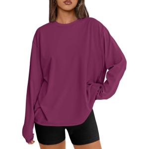 image:imageTrendy Queen Womens Oversized Long Sleeve T Shirts 2026 Basic Crewneck Tee Fall Tops Casual Workout Y2K ClothesWine