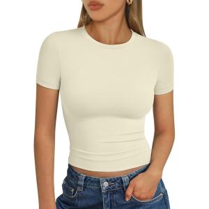 image:imageTrendy Queen Womens Short Sleeve T Shirts Summer Crop Tops Basic Slim Fit Gym Workout Y2k ClothesApricot