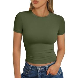 image:imageTrendy Queen Womens Short Sleeve T Shirts Summer Crop Tops Basic Slim Fit Gym Workout Y2k ClothesArmy Green