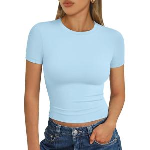 image:imageTrendy Queen Womens Short Sleeve T Shirts Summer Crop Tops Basic Slim Fit Gym Workout Y2k ClothesBaby Blue