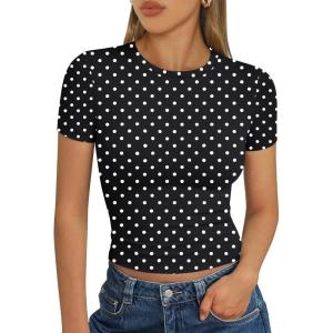 image:imageTrendy Queen Womens Short Sleeve T Shirts Summer Crop Tops Basic Slim Fit Gym Workout Y2k ClothesBlack Dots