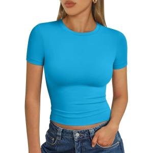 image:imageTrendy Queen Womens Short Sleeve T Shirts Summer Crop Tops Basic Slim Fit Gym Workout Y2k ClothesBlue
