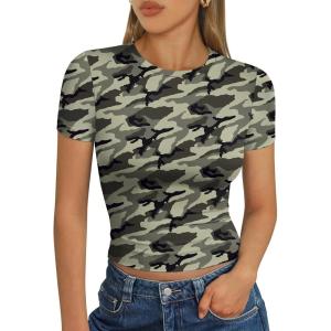image:imageTrendy Queen Womens Short Sleeve T Shirts Summer Crop Tops Basic Slim Fit Gym Workout Y2k ClothesCamo
