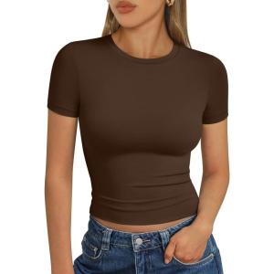 image:imageTrendy Queen Womens Short Sleeve T Shirts Summer Crop Tops Basic Slim Fit Gym Workout Y2k ClothesChocolate