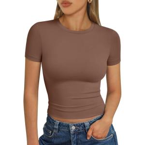 image:imageTrendy Queen Womens Short Sleeve T Shirts Summer Crop Tops Basic Slim Fit Gym Workout Y2k ClothesCoffee