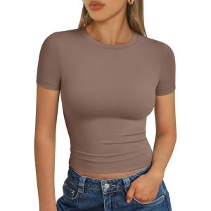 image:imageTrendy Queen Womens Short Sleeve T Shirts Summer Crop Tops Basic Slim Fit Gym Workout Y2k ClothesCoffee Grey