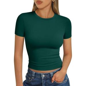 image:imageTrendy Queen Womens Short Sleeve T Shirts Summer Crop Tops Basic Slim Fit Gym Workout Y2k ClothesDark Green
