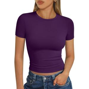 image:imageTrendy Queen Womens Short Sleeve T Shirts Summer Crop Tops Basic Slim Fit Gym Workout Y2k ClothesDeep Purple