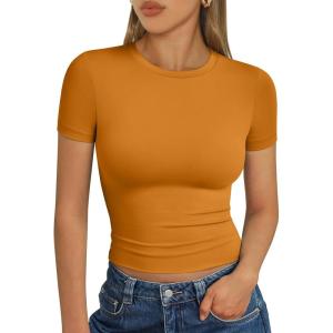 image:imageTrendy Queen Womens Short Sleeve T Shirts Summer Crop Tops Basic Slim Fit Gym Workout Y2k ClothesGolden Ochre