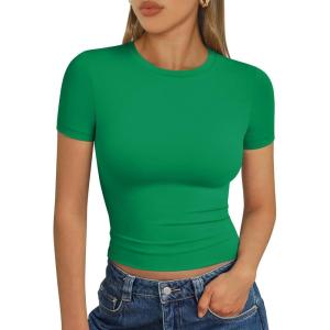 image:imageTrendy Queen Womens Short Sleeve T Shirts Summer Crop Tops Basic Slim Fit Gym Workout Y2k ClothesGreen