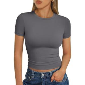 image:imageTrendy Queen Womens Short Sleeve T Shirts Summer Crop Tops Basic Slim Fit Gym Workout Y2k ClothesGrey02