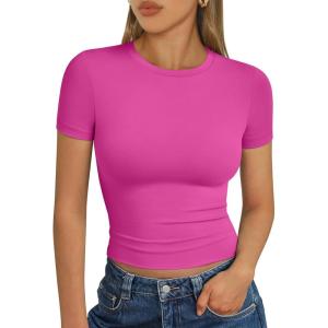 image:imageTrendy Queen Womens Short Sleeve T Shirts Summer Crop Tops Basic Slim Fit Gym Workout Y2k ClothesHot Pink