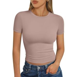 image:imageTrendy Queen Womens Short Sleeve T Shirts Summer Crop Tops Basic Slim Fit Gym Workout Y2k ClothesLatte