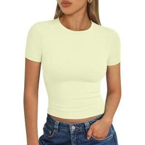 image:imageTrendy Queen Womens Short Sleeve T Shirts Summer Crop Tops Basic Slim Fit Gym Workout Y2k ClothesLemon Yellow