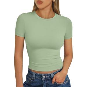 image:imageTrendy Queen Womens Short Sleeve T Shirts Summer Crop Tops Basic Slim Fit Gym Workout Y2k ClothesLight Green