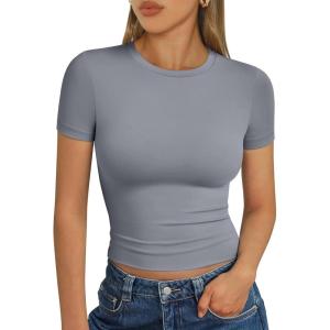 image:imageTrendy Queen Womens Short Sleeve T Shirts Summer Crop Tops Basic Slim Fit Gym Workout Y2k ClothesLight Grey