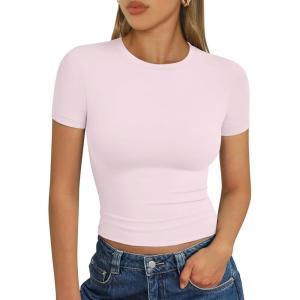 image:imageTrendy Queen Womens Short Sleeve T Shirts Summer Crop Tops Basic Slim Fit Gym Workout Y2k ClothesLight Pink