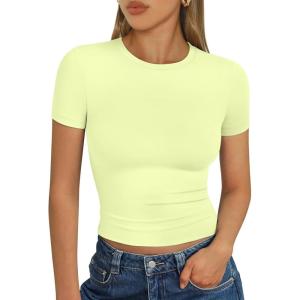 image:imageTrendy Queen Womens Short Sleeve T Shirts Summer Crop Tops Basic Slim Fit Gym Workout Y2k ClothesLime Green