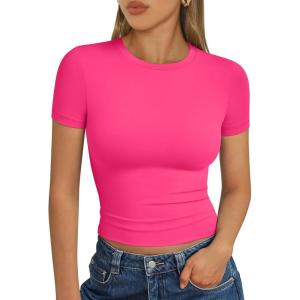 image:imageTrendy Queen Womens Short Sleeve T Shirts Summer Crop Tops Basic Slim Fit Gym Workout Y2k ClothesNeon Pink
