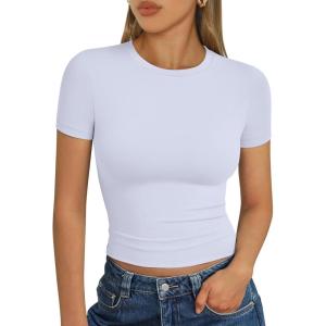 image:imageTrendy Queen Womens Short Sleeve T Shirts Summer Crop Tops Basic Slim Fit Gym Workout Y2k ClothesOffwhite