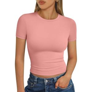 image:imageTrendy Queen Womens Short Sleeve T Shirts Summer Crop Tops Basic Slim Fit Gym Workout Y2k ClothesPeach Pink