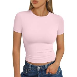 image:imageTrendy Queen Womens Short Sleeve T Shirts Summer Crop Tops Basic Slim Fit Gym Workout Y2k ClothesPink