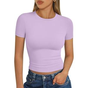 image:imageTrendy Queen Womens Short Sleeve T Shirts Summer Crop Tops Basic Slim Fit Gym Workout Y2k ClothesPurple