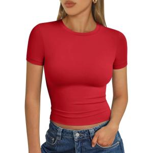 image:imageTrendy Queen Womens Short Sleeve T Shirts Summer Crop Tops Basic Slim Fit Gym Workout Y2k ClothesRed