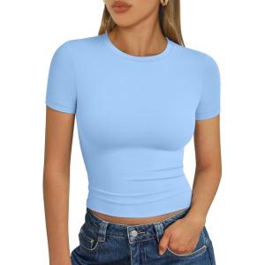 image:imageTrendy Queen Womens Short Sleeve T Shirts Summer Crop Tops Basic Slim Fit Gym Workout Y2k ClothesSky Blue