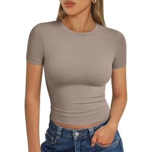 image:imageTrendy Queen Womens Short Sleeve T Shirts Summer Crop Tops Basic Slim Fit Gym Workout Y2k ClothesTaupe