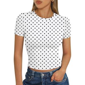 image:imageTrendy Queen Womens Short Sleeve T Shirts Summer Crop Tops Basic Slim Fit Gym Workout Y2k ClothesWhite Dots
