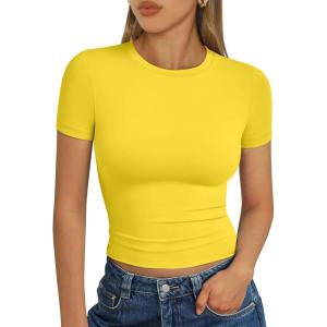 image:imageTrendy Queen Womens Short Sleeve T Shirts Summer Crop Tops Basic Slim Fit Gym Workout Y2k ClothesYellow
