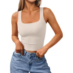 image:imageTrendy Queen Womens Summer Square Neck Tank Tops Workout Cropped Ribbed Summer Camisole Sleeveless Clothes 2026Apricot